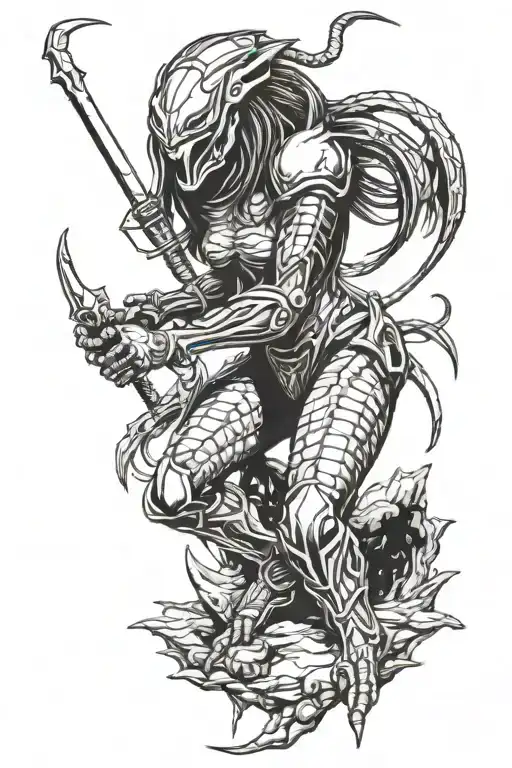 female predator fighting alien tattoo design idea