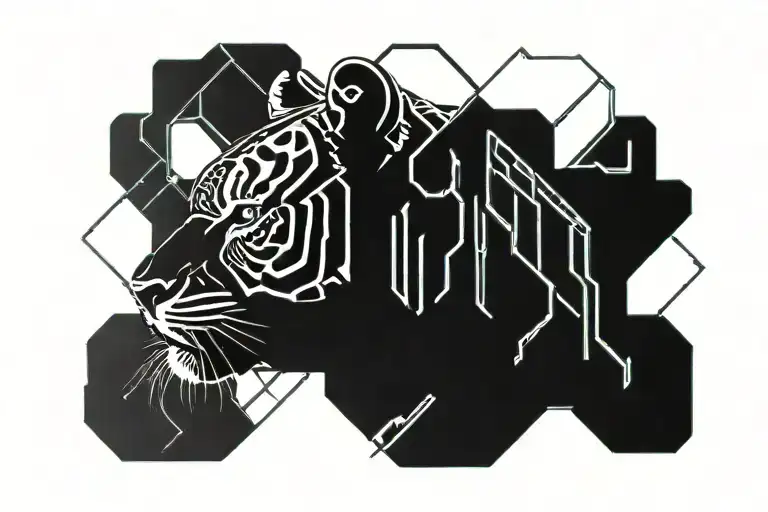 Tiger face futuristic cyberpunk uv neon circuits divided tattoo design idea