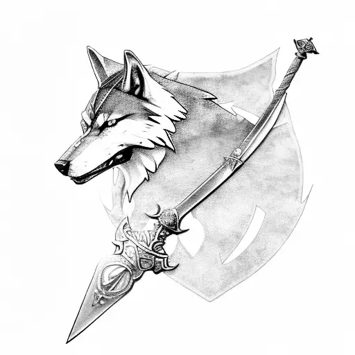 a sword with the witcher wolf on one side and ciri swallow on the other with witcher runes around it tattoo design idea