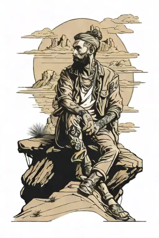 a realistic depiction of a person sitting on a rocky mountain, overlooking a desert with sandy dunes  tattoo design idea