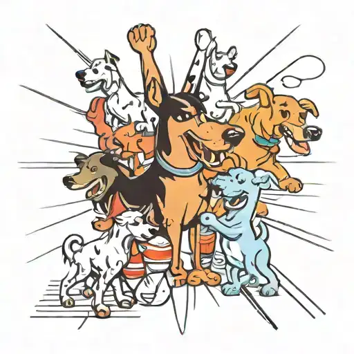A pack of dogs and children playing together in a bowling alley tattoo design idea