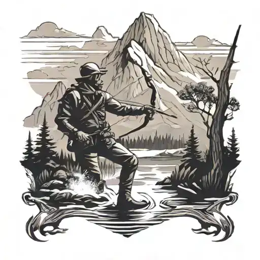 A detailed silhouette of a hunter with a bow drawn, set against a backdrop of a mountain range and flowing river tattoo design idea