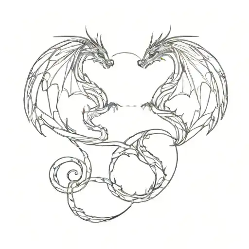 Create a linear and minimal design with 2 winged dragon tattoo models that form the DNA symbol. Let it be a very simple, tattoo design idea