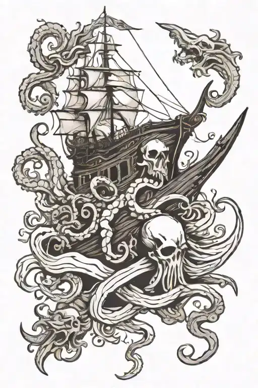Kraken and sunken ship guarding ancient scrolls tattoo design idea