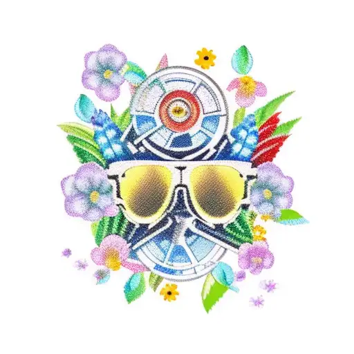 Colorful movie reel with flowers and butterflies intertwined tattoo design idea