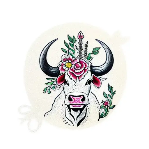 A traditional cow adorned with floral patterns and surrounded by lush meadows tattoo design idea