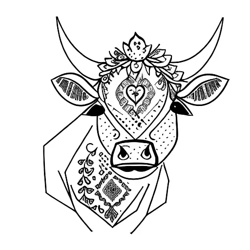 A traditional cow adorned with floral patterns and surrounded by lush meadows tattoo design idea