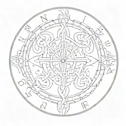 Circle inlayed with the norse alphabet. Inside are each of the norn's hands weaving the strings of fate tattoo design idea