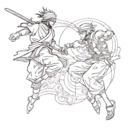 A dynamic composition of a ninja from Naruto battling a pirate from One Piece in a epic showdown tattoo design idea