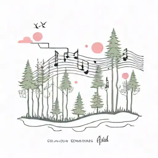 A surreal scene of a forest with musical notes floating in the air, incorporating elements of Pink Floyd and Grateful Dead imagery tattoo design idea