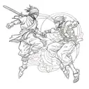 A dynamic composition of a ninja from Naruto battling a pirate from One Piece in a epic showdown tattoo design idea