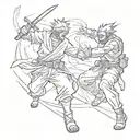 A dynamic composition of a ninja from Naruto battling a pirate from One Piece in a epic showdown tattoo design idea