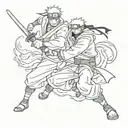 A dynamic composition of a ninja from Naruto battling a pirate from One Piece in a epic showdown tattoo design idea