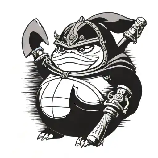 Snorlax wearing a viking helmet holding  an axe in both hands tattoo design idea