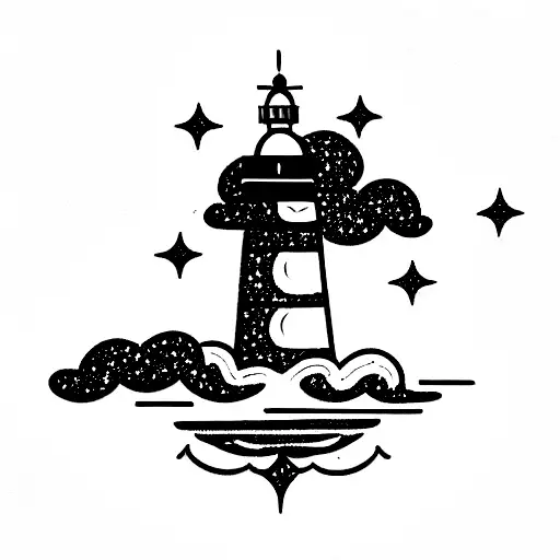 lighthouse that illuminates a boat and the sky has stars tattoo design idea