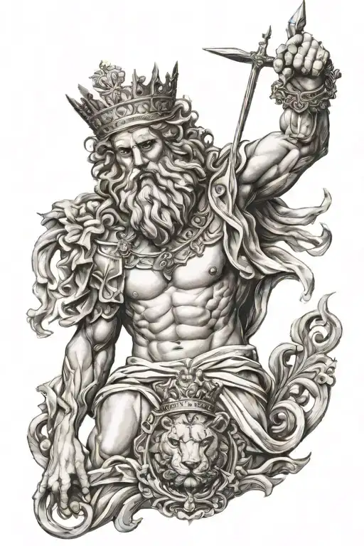 Greek god with lion wearing a crown tattoo design idea
