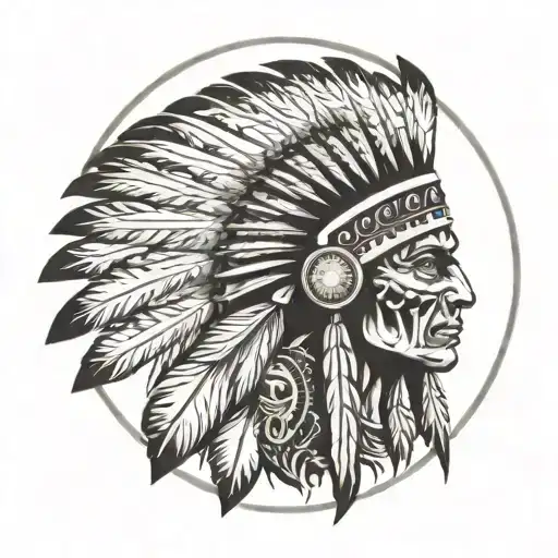 indian chief headress with skull and circle designs around it tattoo design idea