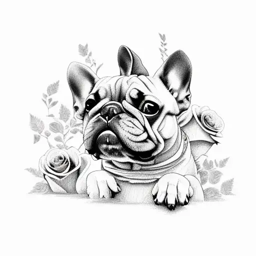 french Bulldog With roses  tattoo design idea
