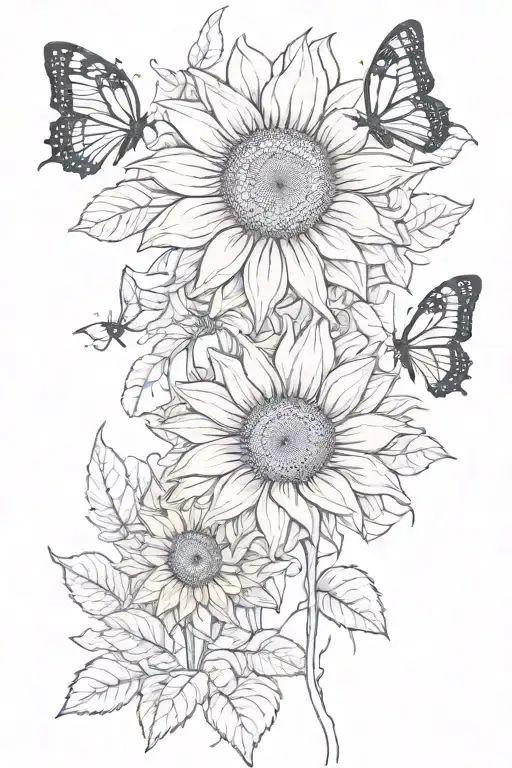 yellow sunflower with red butterflies at bottom of sunflower tattoo design idea