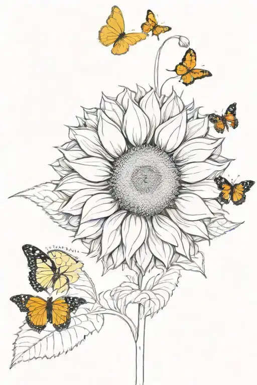 yellow sunflower with red butterflies at bottom of sunflower tattoo design idea
