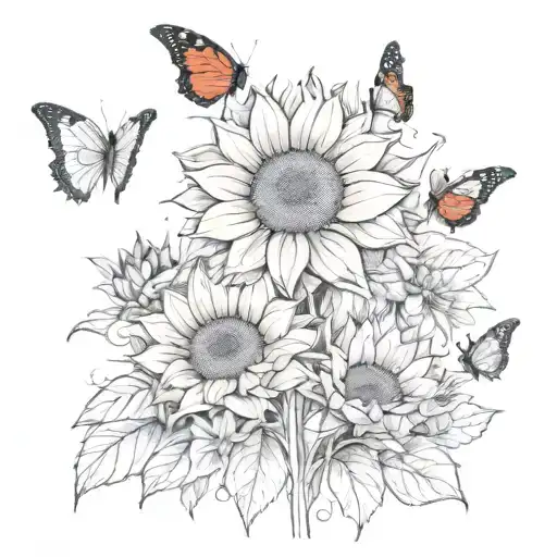 yellow sunflower with red butterflies at bottom  tattoo design idea