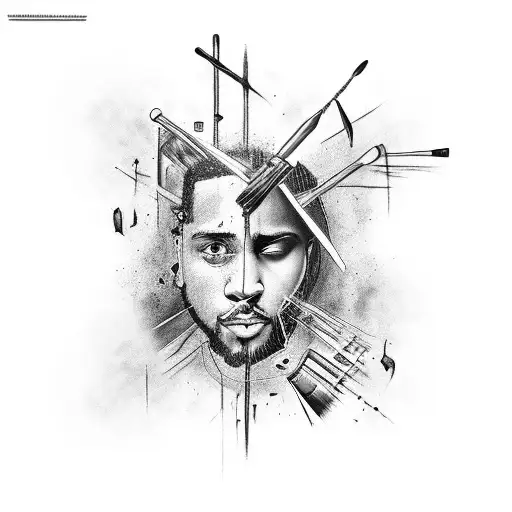 A black and grey tattoo of J Cole's face intertwined with paintbrushes and musical notes tattoo design idea