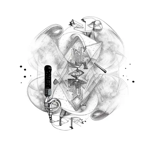 A surrealistic painting-inspired tattoo featuring a microphone and guitar intertwined with abstract elements tattoo design idea