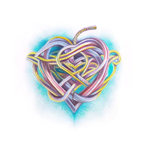 A realistic color tattoo of intertwined shibiri ropes forming a heart shape, symbolizing the client's love for polyamory tattoo design idea