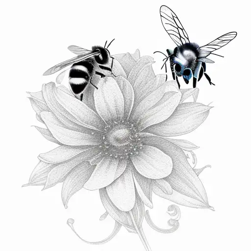 flowing silky floral vertical composition with a bee, butterfly and one blue bell flower, and the main vertical line is  tattoo design idea