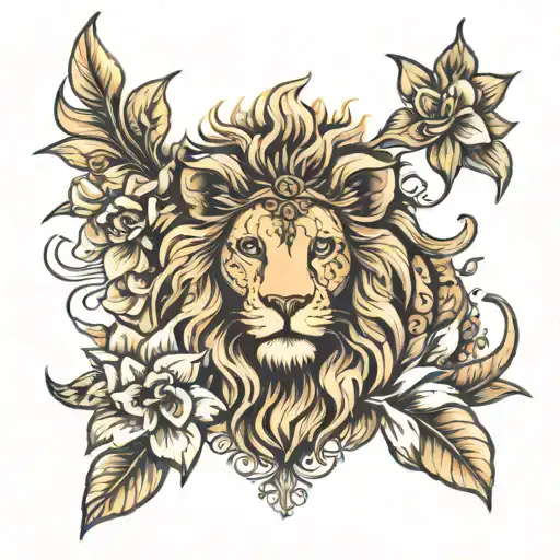 Lion, Laylas & 1 Cattleya tattoo design idea