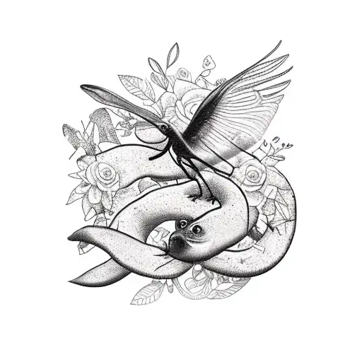 garden of eden tattoo with colorful flowers, a black snake, a black spider, a blackbird eating a blue dragonfly tattoo design idea