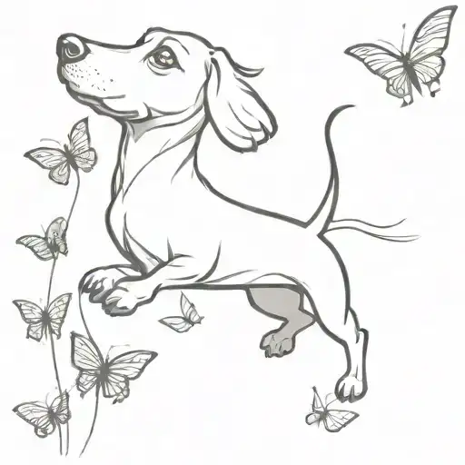 dachshund chasing butterflies fluttering tattoo design idea