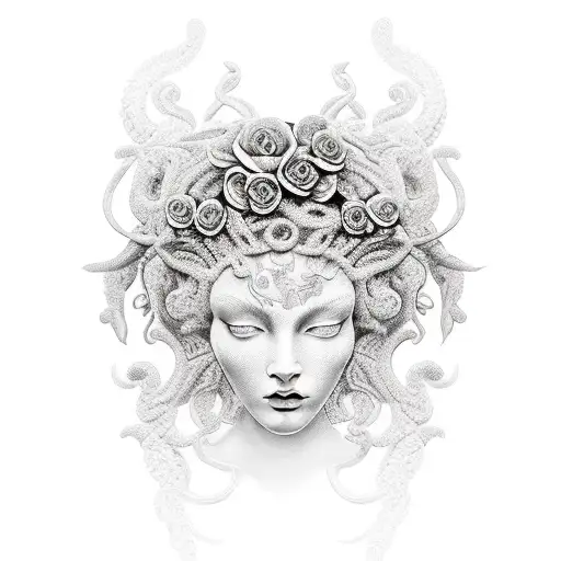 seductive black and grey medusa with flowers forward facing tattoo design idea