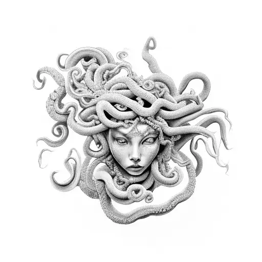 realistic, seductive, sexy, black and grey, medusa, flowers, forward facing tattoo design idea