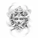 seductive black and grey medusa with flowers forward facing tattoo design idea