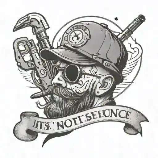 mural flat cap, tobacco pipe, tools and a quote which reads "its not rocket science" within it  tattoo design idea