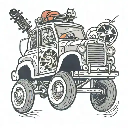 A cartoon-inspired tattoo of a car with musical instruments as the wheels and Spiderman driving tattoo design idea