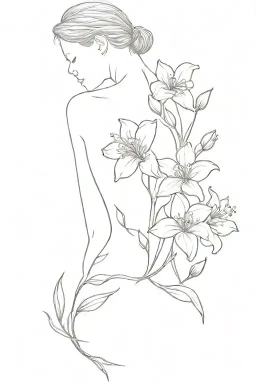 A back tattoo on the spine, fine line, with a few birth flowers: carnation, violet, daffodil, sweet pea, Lily of the val tattoo design idea