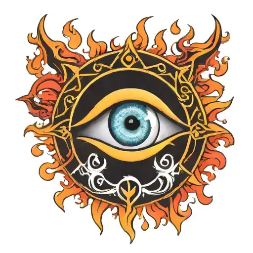 evil eye surrounded by sun's flames and "HOPE ; BELIEVE" below it  tattoo design idea