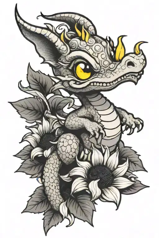 A cute but cool looking dragon holding a yellow sunflower  tattoo design idea