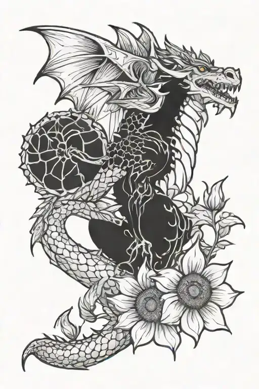 A cool but cute looking dragon holding a sunflower  tattoo design idea