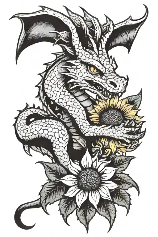 A cute but cool looking dragon holding a yellow sunflower in his claw tattoo design idea