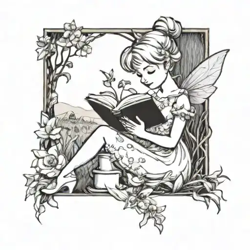 A whimsical scene of Tinkerbell reading a book in a field of flowers tattoo design idea