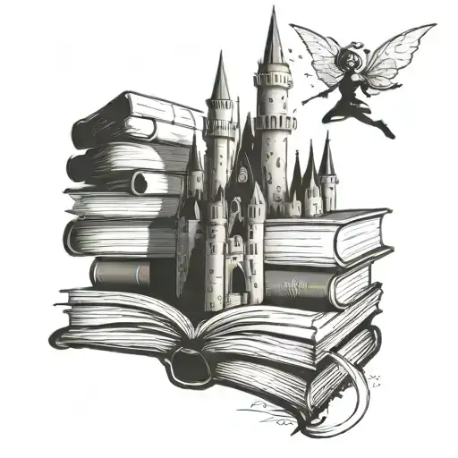 A Disney castle made entirely of books, with Tinkerbell perched on top tattoo design idea