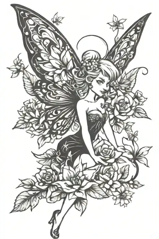 Tinkerbell with flowers tattoo design idea