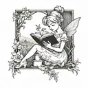 A whimsical scene of Tinkerbell reading a book in a field of flowers tattoo design idea