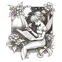 A whimsical scene of Tinkerbell reading a book in a field of flowers tattoo design idea