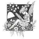 A whimsical scene of Tinkerbell reading a book in a field of flowers tattoo design idea