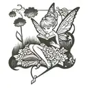 A whimsical scene of Tinkerbell reading a book in a field of flowers tattoo design idea