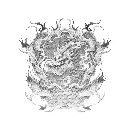 Dotwork dragon surrounded by samurai warriors tattoo design idea